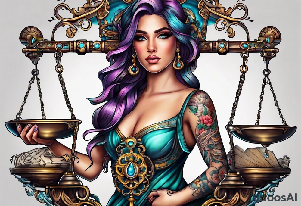 Intricate libra scales held by a beautiful woman tattoo idea