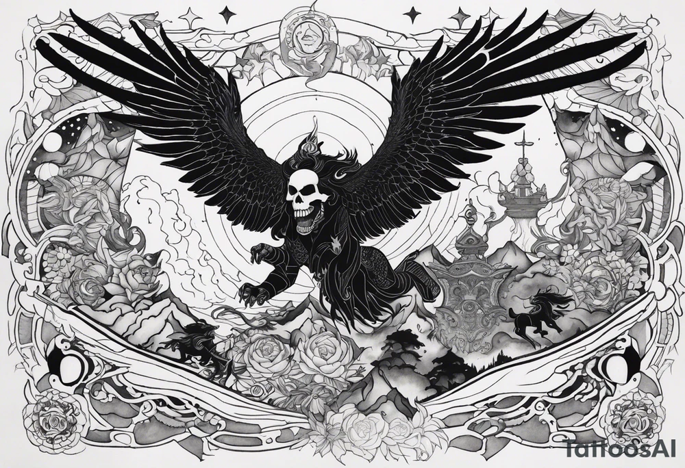 black kali, goddess pirate, alien, angel, pachamama, valkrye, warrior, flying, skull, lotus azul, wing, eagle, zenza resonance, stars, 5D, anahata chakra, death, durga, riding on a tiger, flying lady, chest tatoo tattoo idea