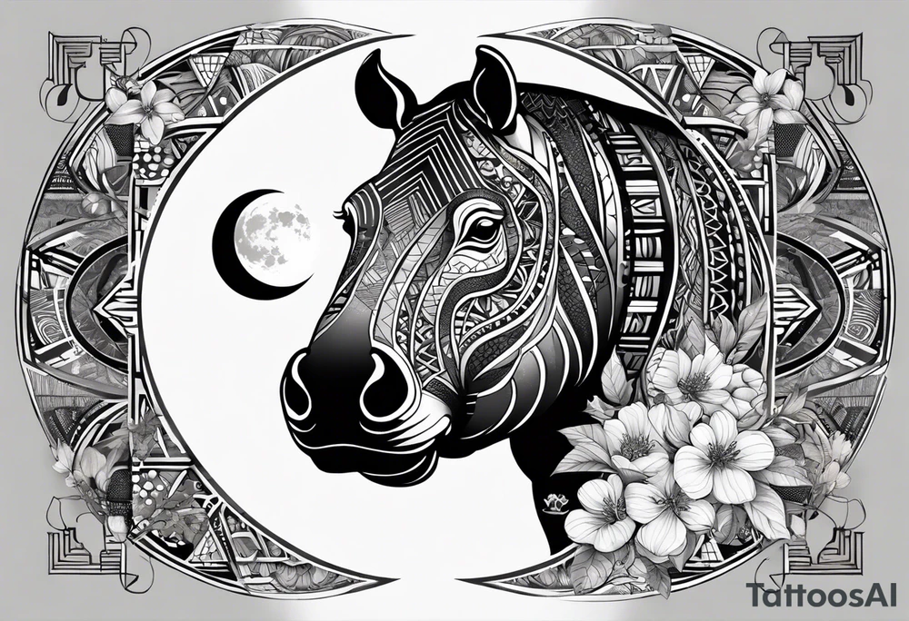Very asymmetrical, +geometric pattern, with realistic full moon, with hippo at side look, +tribal, +geometric, +inkart , +blackwork, +grey scale, + sketch
with wintersweet flower bud, +inkart touch, +for men tattoo idea