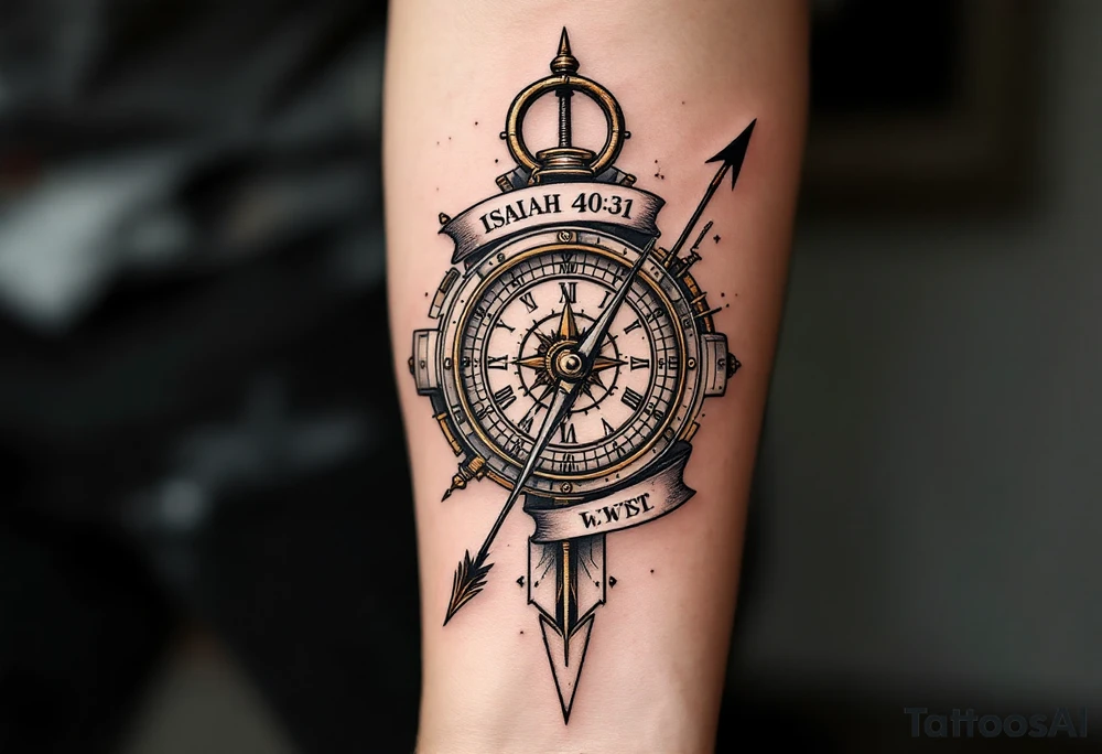 steampunk half compass half clock with a full-length arrow pointing at my wrist and saying "Isaiah 40:31" tattoo idea