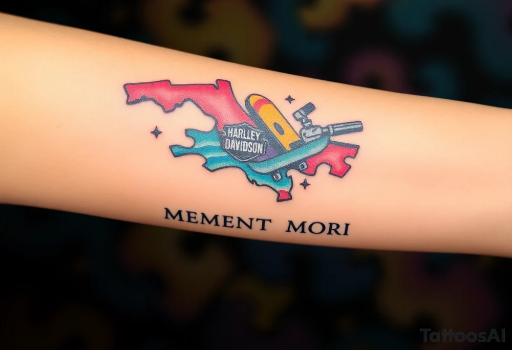 colorful futuristic memory tattoo for passed boyfriend; Florida, gulf coast water, Harley Davidson, skateboarding, puzzle pieces, video games, heaven, god, outdoors, guns, disc golf, words "MEMENTO MORI" tattoo idea