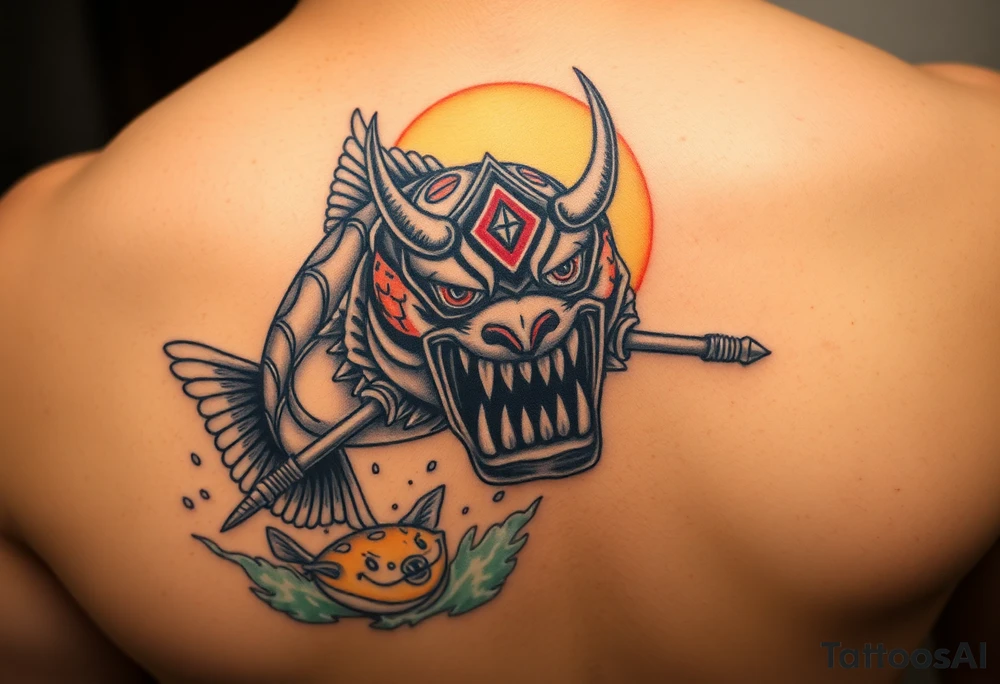 Coy fish jumping from the water. Fierce oni mask up close. Sunset in the background. Swords tattoo idea