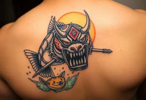 Coy fish jumping from the water. Fierce oni mask up close. Sunset in the background. Swords tattoo idea