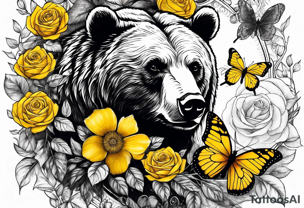 Bear under the tree of life with yellow roses and three butterflies for an upper arm tattoo. tattoo idea
