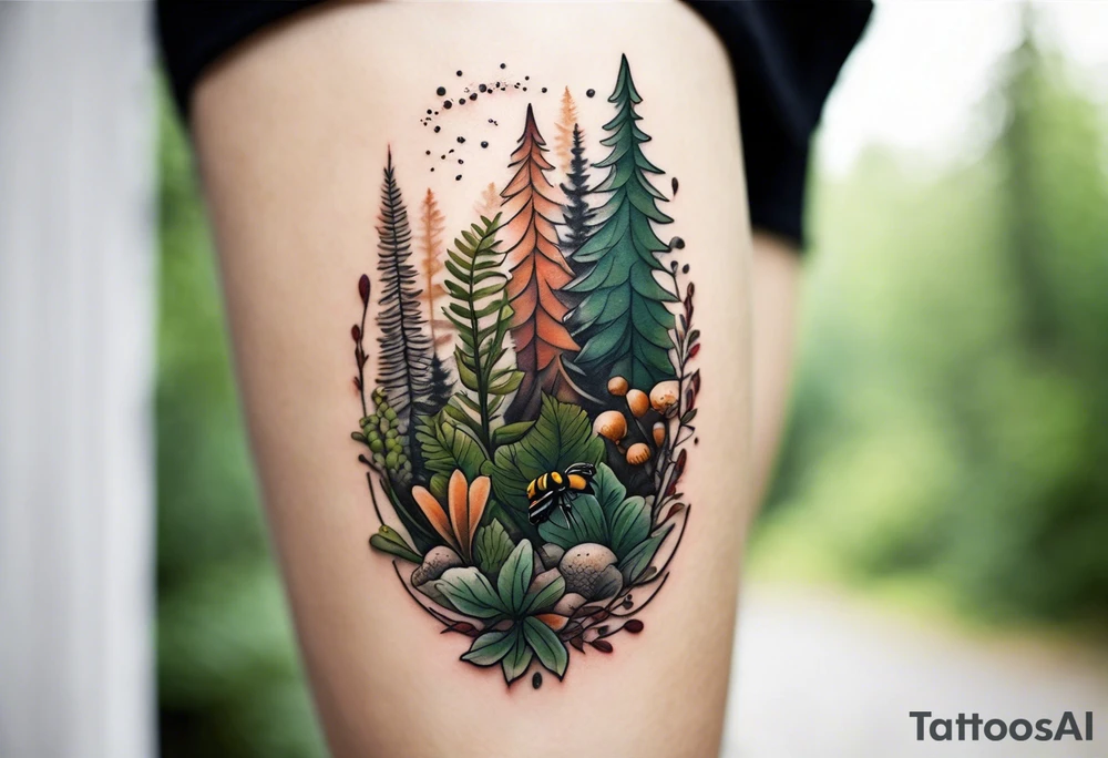 forest floor inspired minimalist tattoo, which includes grass, curly ferns, moss and dead leaves as the bulk of the tattoo. details to include: forest berries, a tiny bumblebee flying nearby, three small brown mushrooms
Generate a vertically long one tattoo idea