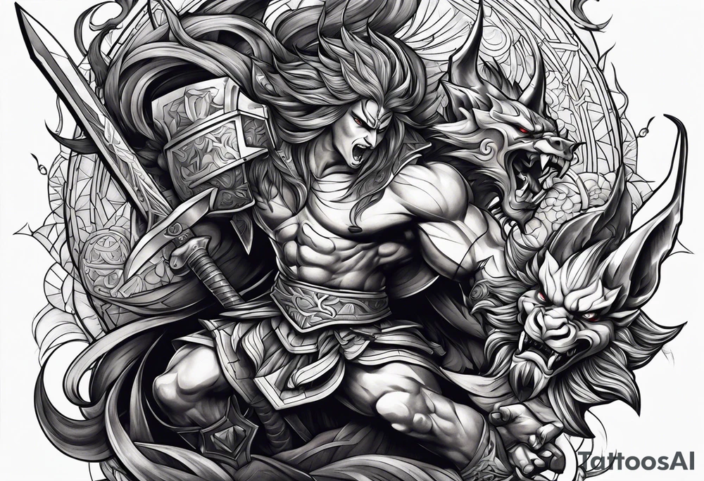 Warrior fighting demon tattoo idea