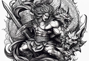 Warrior fighting demon tattoo idea