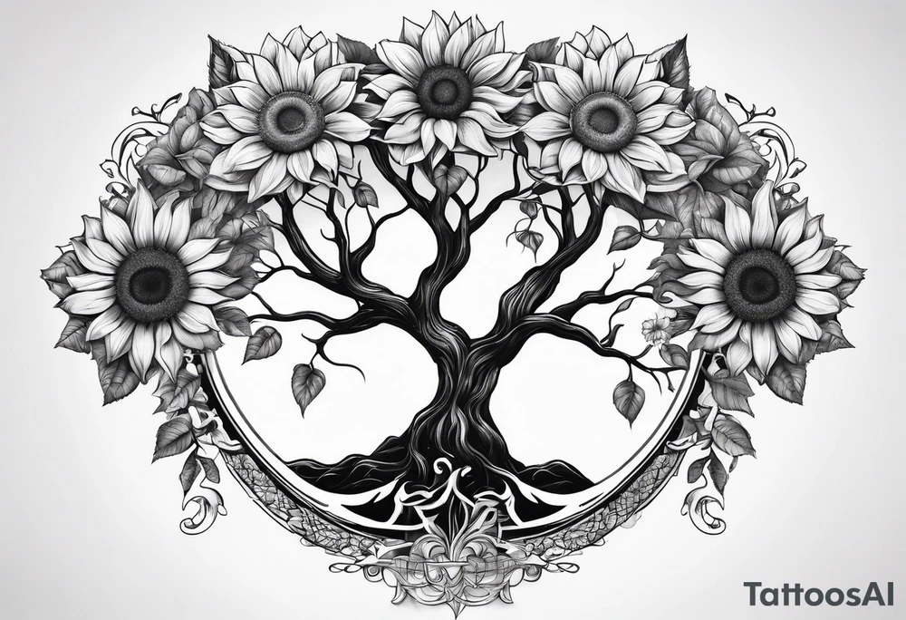 Feminine Yggdrasil tree with two sunflowers tattoo idea