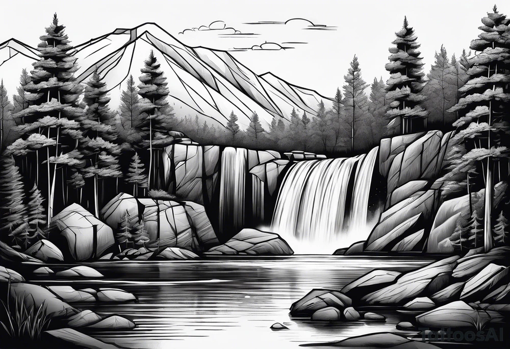 waterfall going into a river with a camp site in Australia tattoo idea