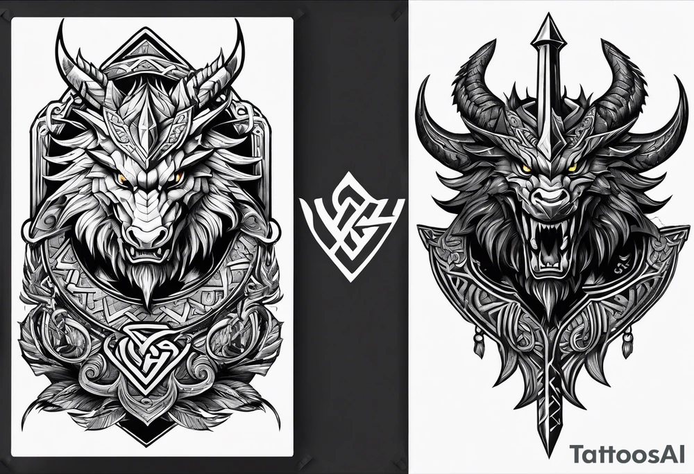 Valhalla sword shield dragon axe Valknut tattoo idea