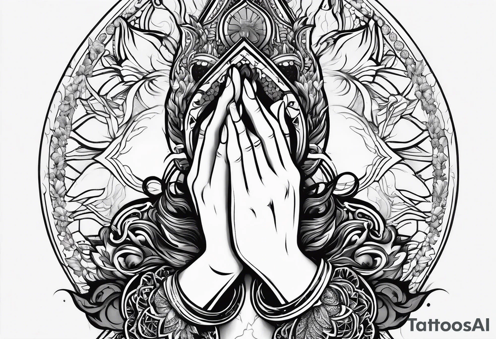Enhance the traditional praying hands motif by adding elements like flames, water, or celestial bodies to represent the divine presence tattoo idea