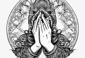 Enhance the traditional praying hands motif by adding elements like flames, water, or celestial bodies to represent the divine presence tattoo idea