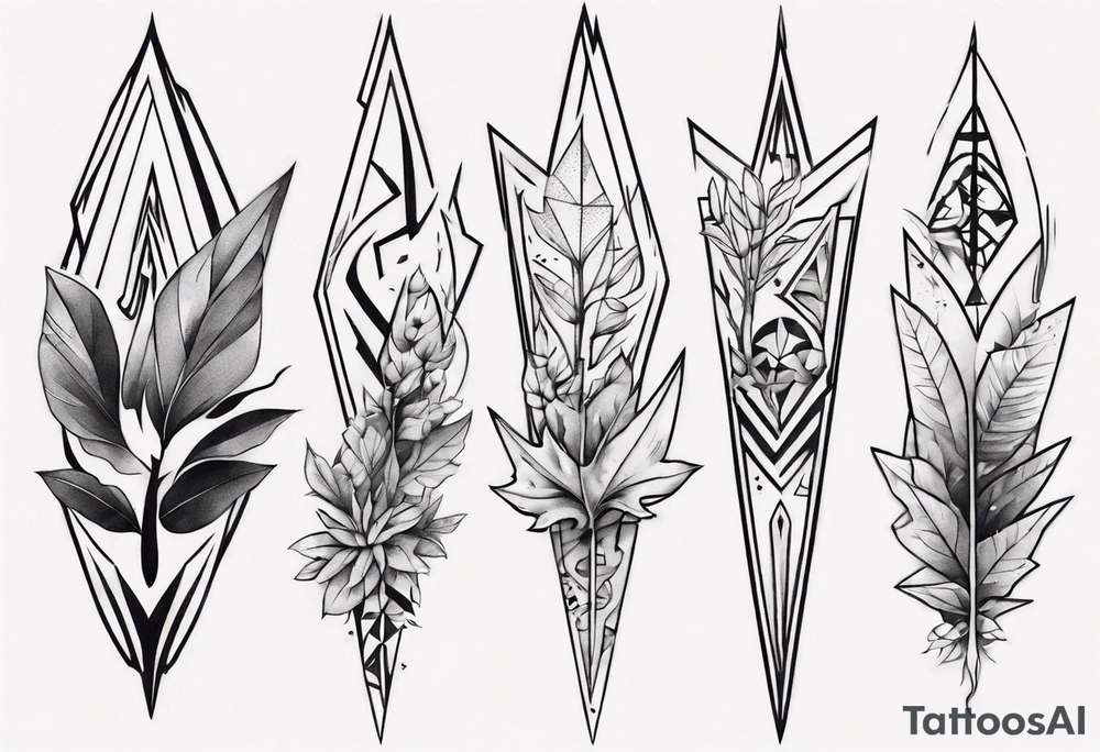 full arm tattoo. pointy leaves combined with geometric shapes. whole arm tattoo idea