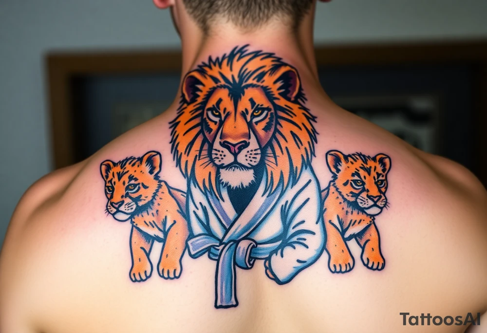 Lion wearing a Brazilian jiu jitsu gi as a person would along side his two cubs who are wearing the same attire. The surrounding area is the sarenghetti tattoo idea