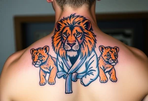 Lion wearing a Brazilian jiu jitsu gi as a person would along side his two cubs who are wearing the same attire. The surrounding area is the sarenghetti tattoo idea