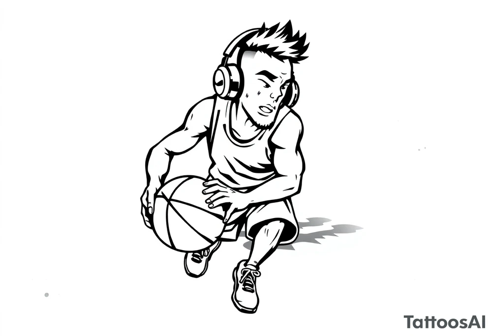 A guy dribbling a basketball with headphones on tattoo idea