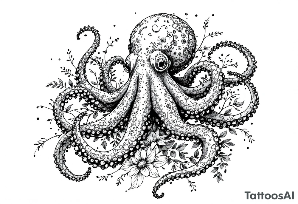 realistic octopus, detailed linework, intricate, black-and-grey shading, surrounded by floral ornaments, intertwining and merging with flowers, thin black swirling lines, semi-transparent brown leaves, dotwork, ornamental flourishes, radiating design, fine-line style, minimalistic, organic flow, feminine, artistic, slightly surreal, seamless composition, marine botanical fusion, lifelike texture, graceful rhythm, smooth shading, soft leaves wrapping, blooming shoulder flower, outward radiating pattern, vine tentacle flow, integrated sea creature, botanical octopus curved body placement, natural organic movement tattoo idea