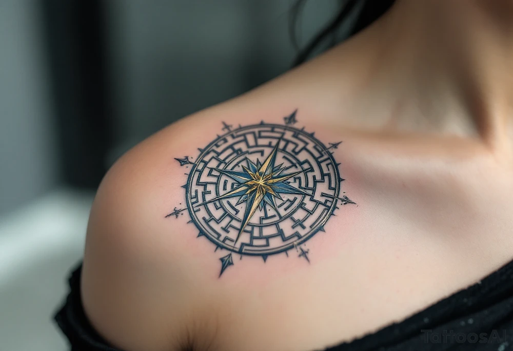 A geometric maze in metallic silver and deep blue tones, with a single golden compass in the center, representing the trials and choices of a Divergent. tattoo idea