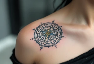 A geometric maze in metallic silver and deep blue tones, with a single golden compass in the center, representing the trials and choices of a Divergent. tattoo idea