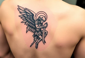 Arch angel Gabriel kneeling with sword in great armor masculine but looking very sad tattoo idea