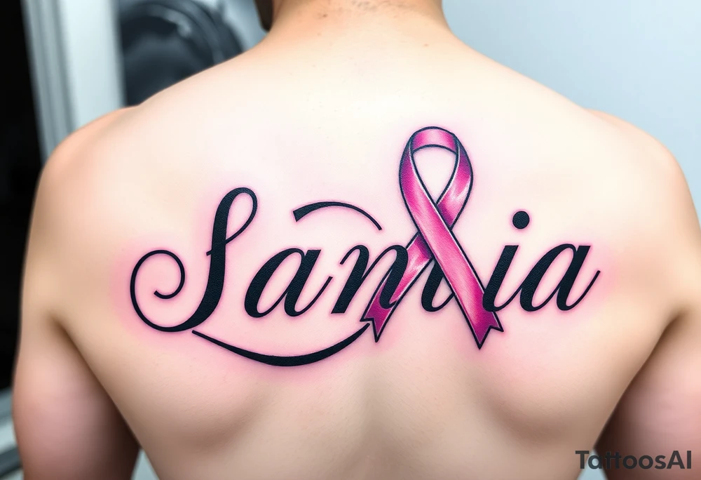 The name Samia. With a breast cancer (in pink) ribbon flowing off the last a. tattoo idea