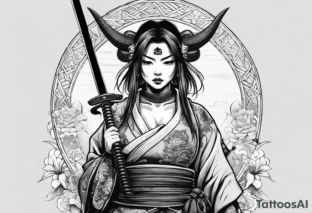 samurai girl in an oni mask with a snake tongue, covering her bare torso with a katana tattoo idea