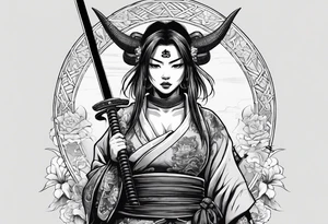 samurai girl in an oni mask with a snake tongue, covering her bare torso with a katana tattoo idea