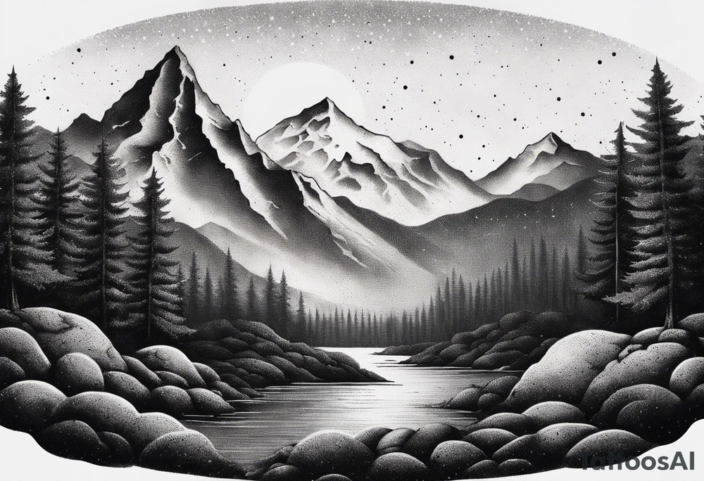death metal mountain scene tattoo idea