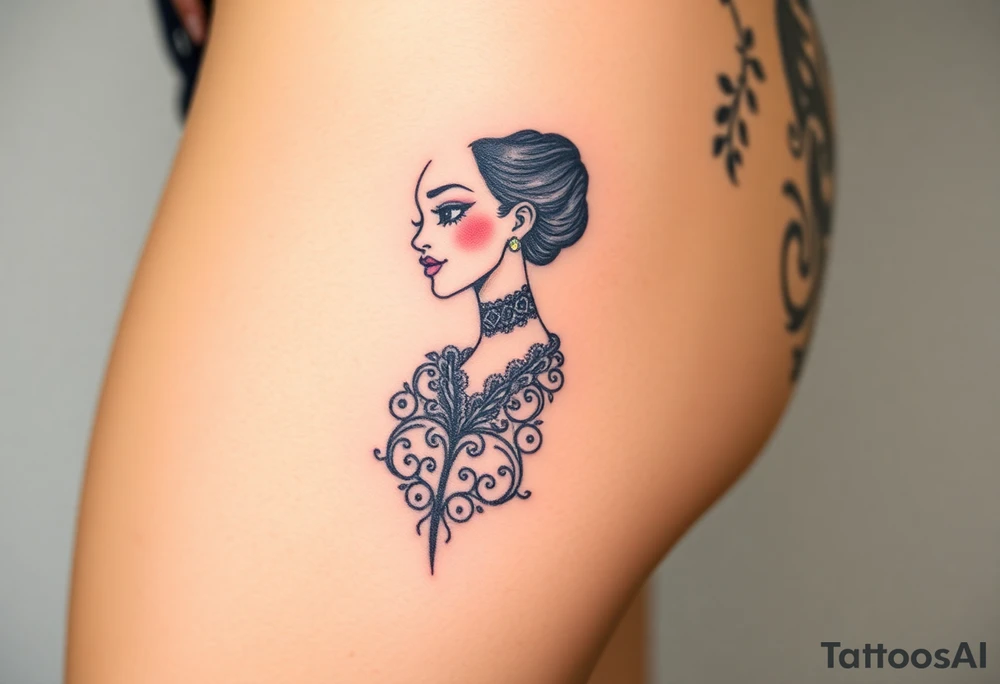 Art deco woman with elaborate filigree, BDSM collar, thigh tattoo. tattoo idea