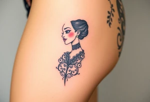 Art deco woman with elaborate filigree, BDSM collar, thigh tattoo. tattoo idea