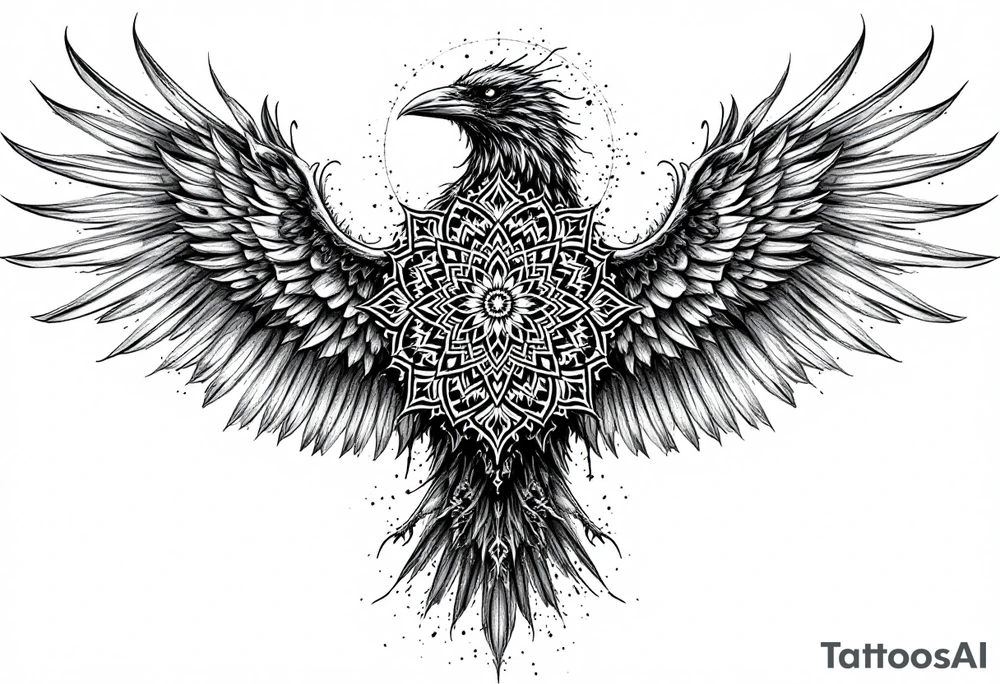 ominous raven with mandala on its wings tattoo idea