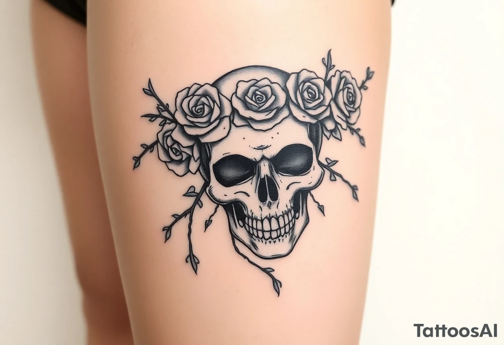 ornate skull adorned with crown of wild roses and thorns tattoo idea