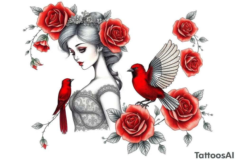 Vintage dollies, red roses, lace, red bird tattoo idea