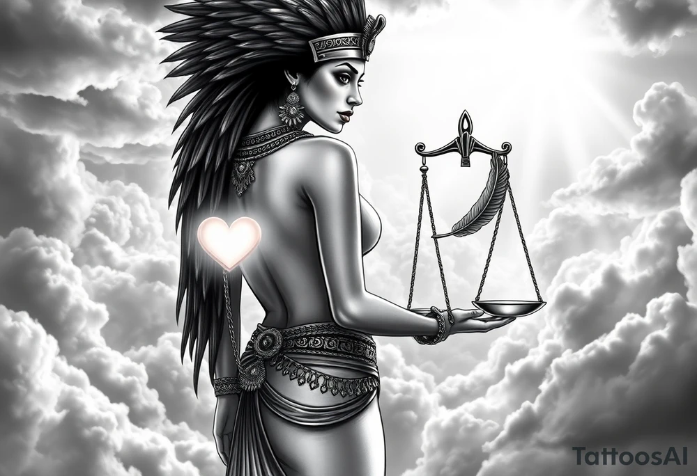 A sensual, curvaceous Egyptian goddess stands with her back slightly turned, accentuating her figure. She wears an elaborate ostrich feather headdress and ornate, intricate ancient Egyptian jewelry draped across her body. Her expression is mysterious and confident. In one hand, she holds the Scales of Justice: one side holds a radiant, glowing heart; the other, Ma’at’s feather. The scales themselves shimmer with an otherworldly light.
The background is a surreal, heavenly landscape filled with luminous clouds and beams of divine light piercing through, creating dramatic contrasts of deep shadows and highlights. The entire scene is bathed in an ethereal, mystical glow, with a dreamlike, almost supernatural atmosphere. tattoo idea