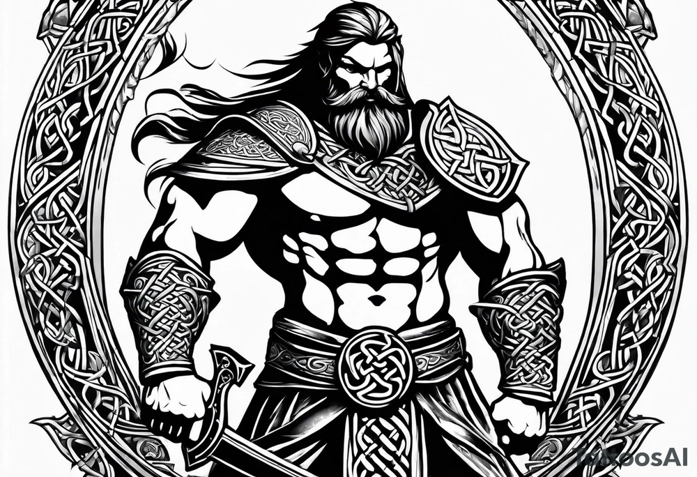 Side full body shot of Celtic warrior with sword and axe. tattoo idea