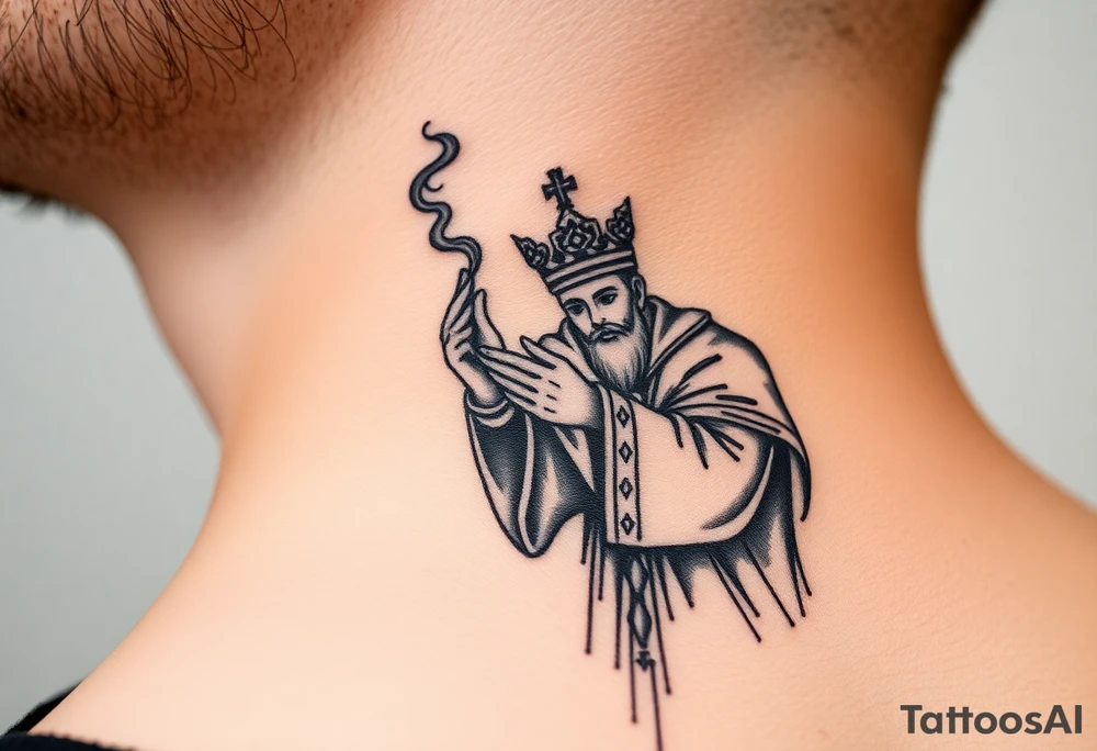 Russian Orthodox Priest in a fully detailed gold vestment swinging a censer with smoke curling upward tattoo idea