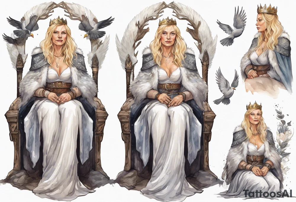 a 45-year-old Viking queen with blonde hair wearing a white fur cloak sitting on a throne with a dove on her shoulder tattoo idea