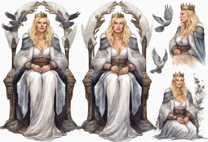 a 45-year-old Viking queen with blonde hair wearing a white fur cloak sitting on a throne with a dove on her shoulder tattoo idea