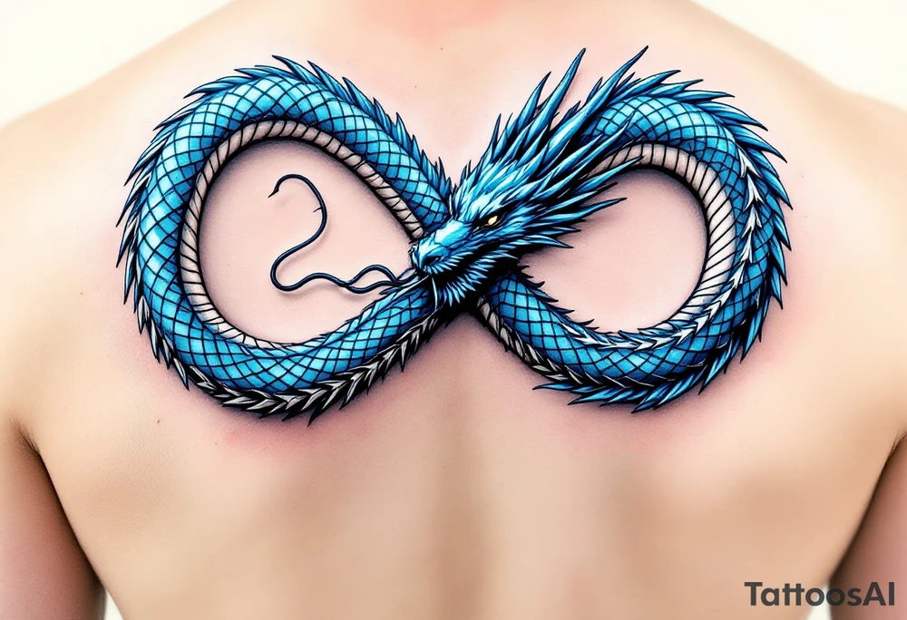 The design features a dragon, coiled in the shape of the infinity symbol (sideways number "8"). The dragon is depicted eating its own tail, symbolizing eternity and continuity, inspired by the Ouroboros.

Details:

The dragon's body has vibrant, glossy blue scales, with a smooth and polished texture.
It maintains a clean, balanced shape in the infinity figure, with sharp details and elegant flow.
Style:

The focus remains on the dragon's form, with no additional background elements to keep the design minimal and modern. tattoo idea