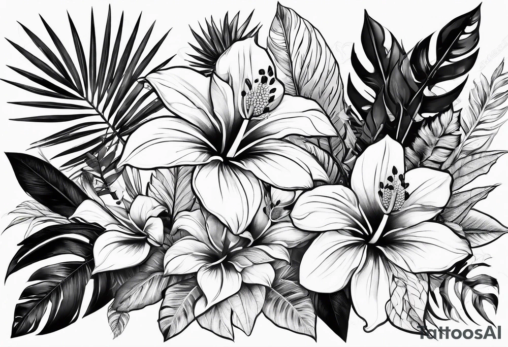 Tropical floral leaves tattoo idea