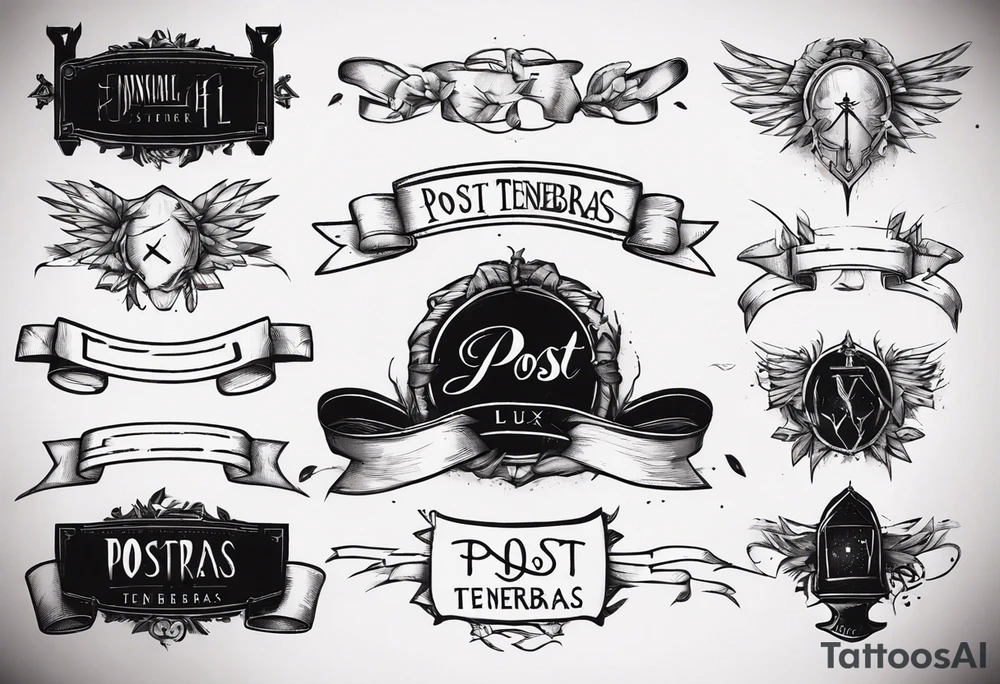 text "POST TENEBRAS LUX" in roman font on a ribbon with dark shades tattoo idea