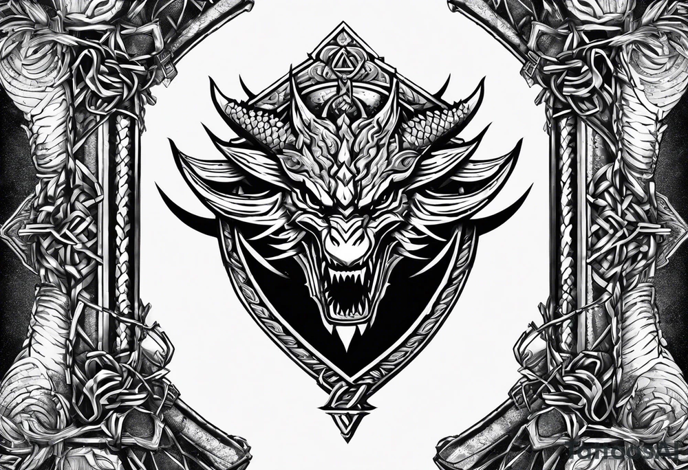 Valhalla sword shield dragon axe Valknut barbed wire chains fire tattoo idea Valhalla sword shield dragon axe Valknut barbed wire chains fire tattoo idea