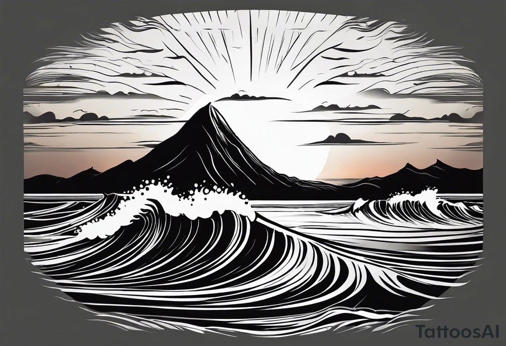 Tattoo from the perspective of being on the ocean at sunset. Water is calm, with very light waves, the sun is setting behind the ocean, reflecting light onto the ocean. tattoo idea