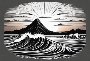 Tattoo from the perspective of being on the ocean at sunset. Water is calm, with very light waves, the sun is setting behind the ocean, reflecting light onto the ocean. tattoo idea