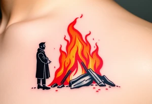 A silhouette of Jan Hus standing next to a enormous bonfire, with fiery orange and red shades tattoo idea