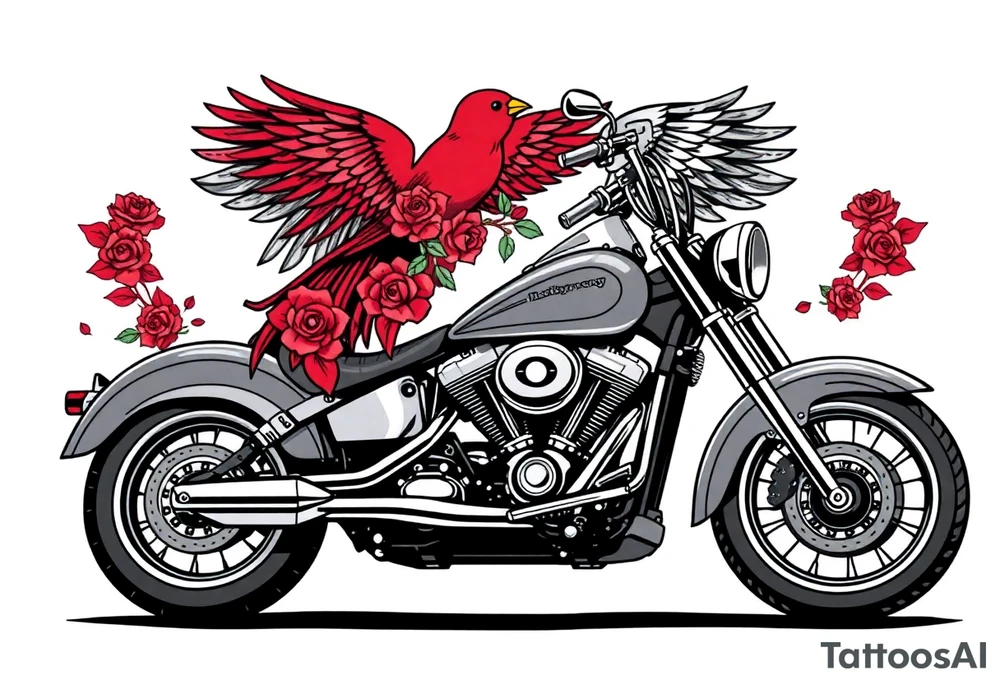 Harley grey motorcycle driving away, two red birds flying, roses, flames, angel wings tattoo idea