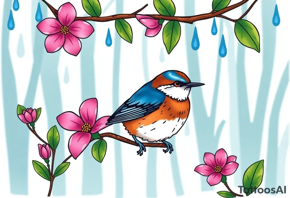 green forest background
blue rain drops
pink camelia flower
blue brown wren bird tattoo idea