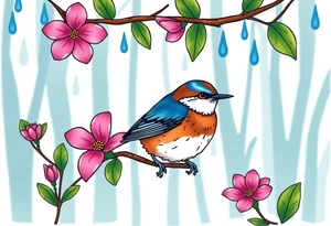 green forest background
blue rain drops
pink camelia flower
blue brown wren bird tattoo idea