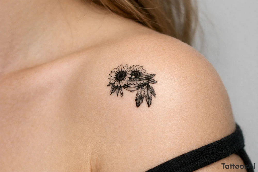 sunflowers with feathers and female Indian headband ribbon tattoo idea