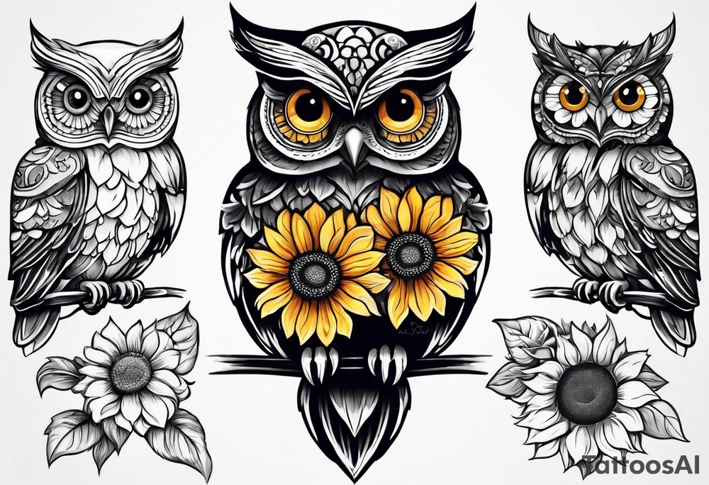 Small owl with sunflowers and butterflies arm sleeve tattoo idea